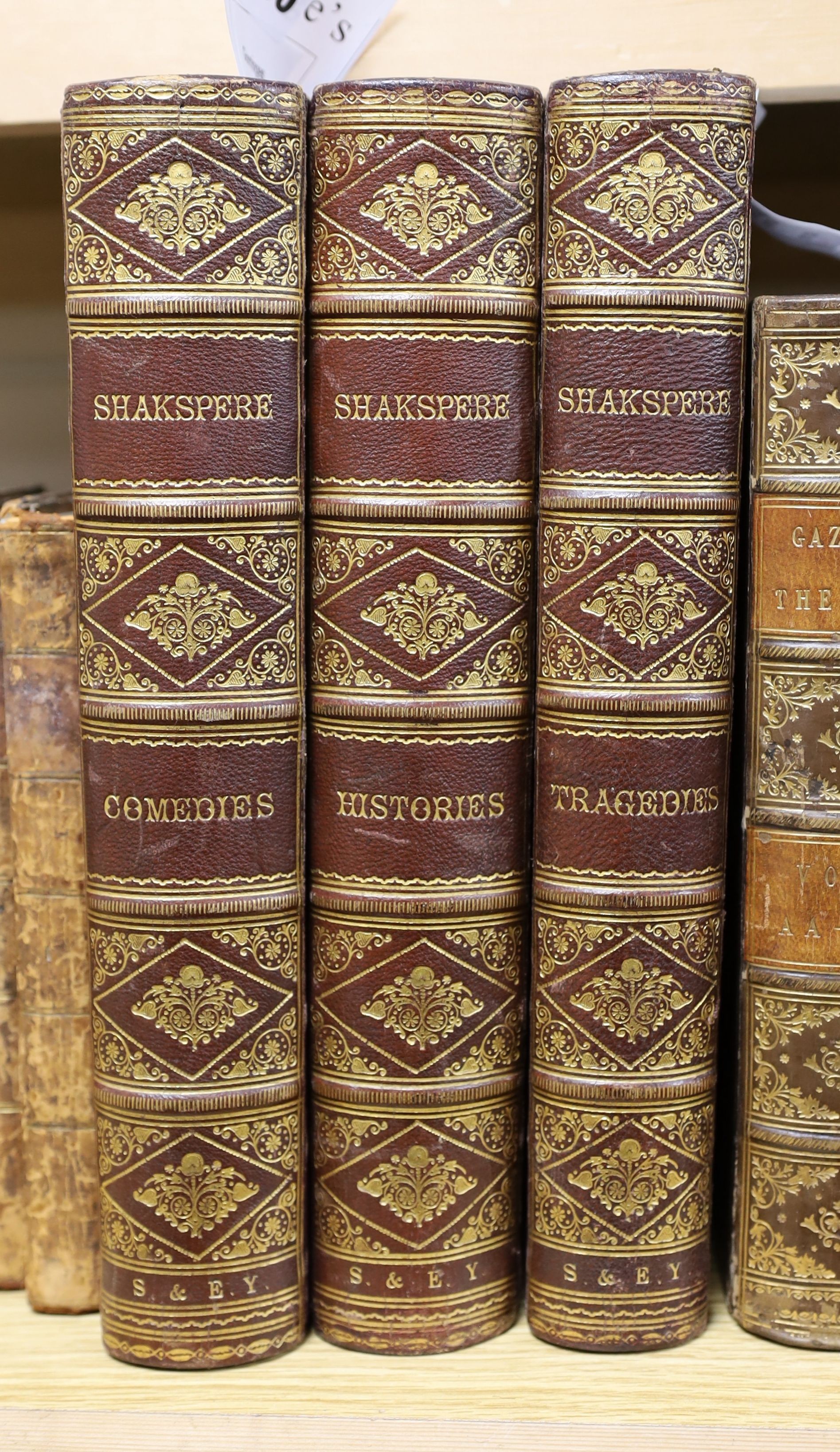 Shakespeare, William - The Library Shakspeare, 3 cols, num. coloured or tinted plates and other engraved illus.; contemp. maroon half morocco and cloth, gilt-decorated and panelled spines, marbled e/ps., roy. 4to. (ca,18